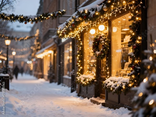 Beautiful snowy street with Christmas decorations and warm glowing shop lights.