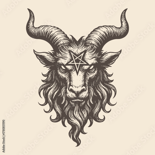 Intricate vintage hand-drawn Baphomet goat head in detailed black and white engraving style, ideal for gothic art, tattoo, or dark fantasy design.