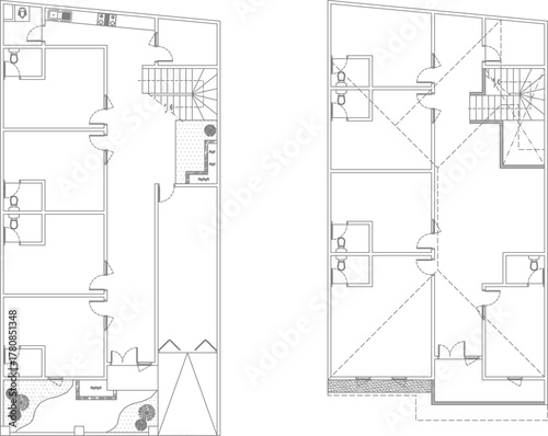 Vector set of two matching architectural floor plans (duplex/twin houses) with stairs, bathrooms, and garden areas. CAD technical layout.