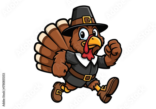 Cartoon turkey wearing a pilgrim hat and outfit, running with determination and joy.