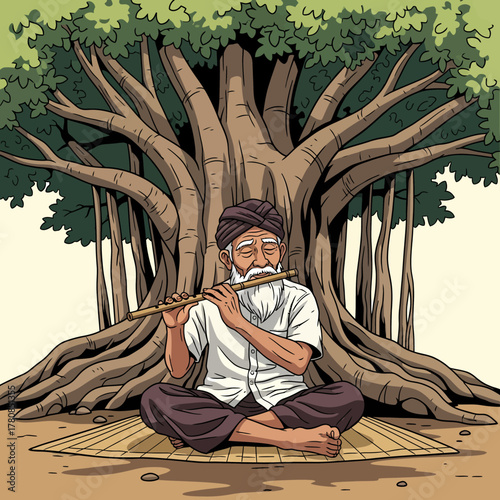 An elderly man finds tranquility under the expansive shade of an ancient banyan tree, serenely playing a traditional flute, creating a scene of peaceful cultural harmony and contemplation