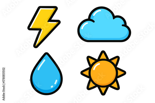 Weather icons including sun, cloud, rain, and lightning symbolizing different weather conditions