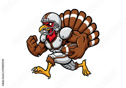A muscular cartoon turkey dressed as a football player runs with the ball on a white background.