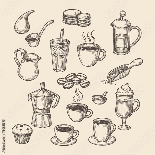 Hand-drawn vector set of coffee cups, teapots, and desserts in vintage style. Perfect for café branding, packaging, or menu design.