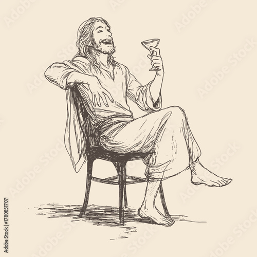 Vintage hand-drawn illustration of Jesus sitting and holding a glass of wine, expressive religious vector art perfect for posters or concept designs.