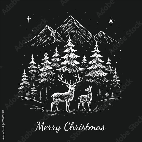 Charming hand-drawn Christmas forest scene with deer, pine trees, and mountains, perfect for greeting cards or winter prints.