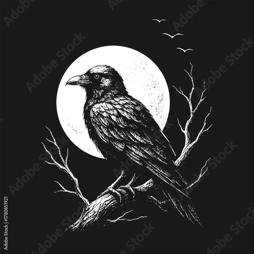 Hand-drawn raven perched on branch under moonlight, detailed black and white vector for gothic prints or tattoo designs.