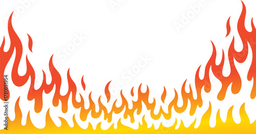 Flame and fire border background. Hot burning frame with orange and red flames on bright gradient backdrop. Modern heat effect vector illustration for poster, banner, or decoration design