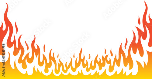 Flame and fire border background. Hot burning frame with orange and red flames on bright gradient backdrop. Modern heat effect vector illustration for poster, banner, or decoration design