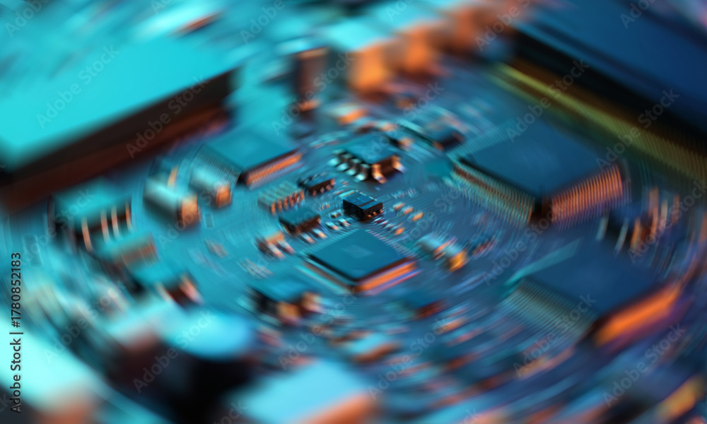 Fototapeta premium Futuristic Circuit Board Close-Up with Motion Blur – Abstract Technology Background Illustration
