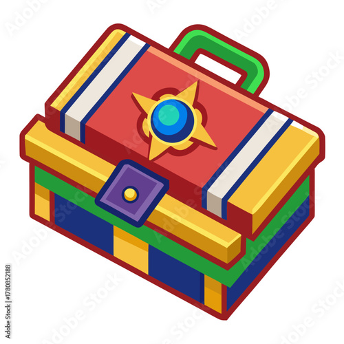 Stylized treasure chest illustration, vibrant colors, perfect for game design, app icons, or children's books, vector graphics appeal, fun and engaging