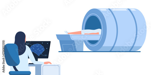 MRI Scan vector illustration. Doctor with computer and patient laying in MRI scanner machine.