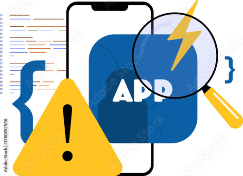 Debugging mobile applications concept - improving app performance. Mobile app detecting bug and errors, enhancing user experience through software testing, analytics and development illustration.