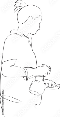 One continuous line drawing on white isolated background. Minimalism linear illustration. woman, person, cleaning, home, glove, work, cleaner, female, happy, smiling