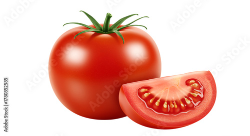 Fresh red tomato and slice arrangement on a black background studio shot