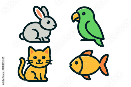 Cute cartoon animals including a rabbit, parrot, cat, and fish in bright colors and simple designs