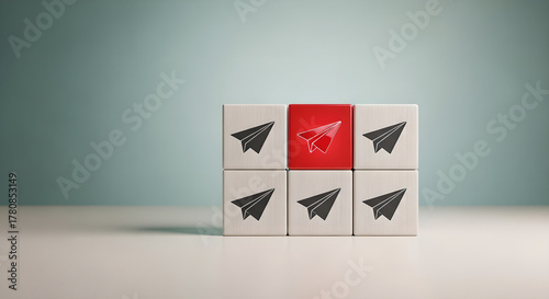 Paper Airplane Icon Red Cube Standing Out Leadership Copy Space