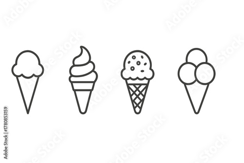 Different styles of ice cream cones displayed in a simple line drawing on a white background