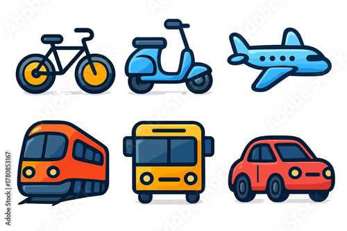 Various modes of transportation including bicycles, scooters, planes, trains, buses, and cars for urban travel