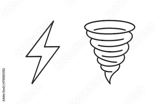 Lightning bolt and tornado icons illustrating extreme weather conditions in minimalistic design