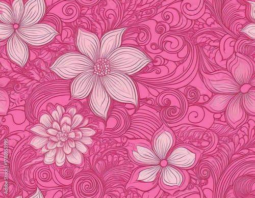 pink outline flower and swirl seamless pattern background