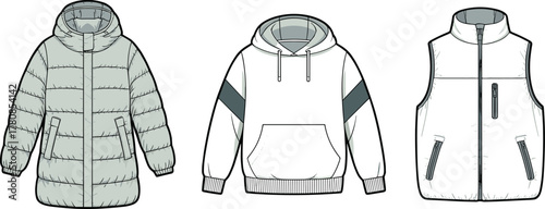 Outerwear fashion set, puffer jacket, hoodie, vest illustration, winter clothing design, cad drawing flat vector illustration
