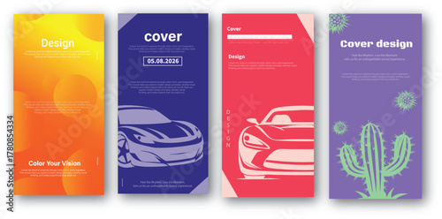 Set of Modern Vertical Poster Cover Designs Featuring Cars, Abstract Shapes, and Nature