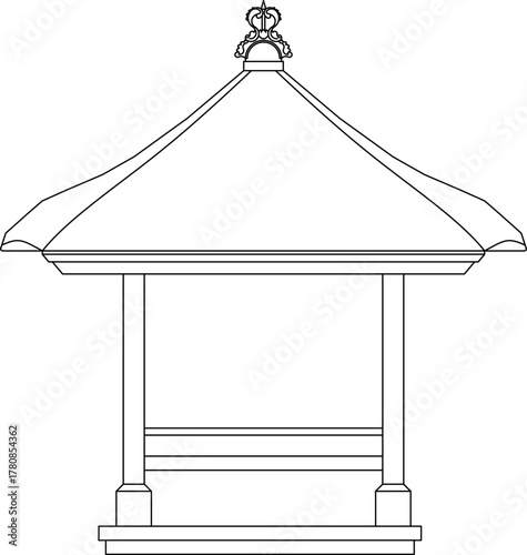 Architectural vector of a traditional Asian or Balinese style gazebo/bale with ornamental roof and pillars. Outline drawing