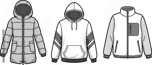 Padded coat, hoodie, fleece jacket, outerwear fashion sketch, garment design, winter clothing, cad drawing flat vector 