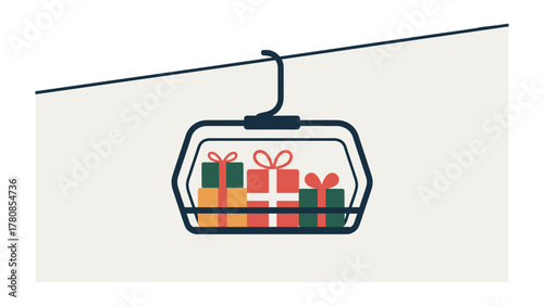Gifts Ride Up: Capturing the essence of anticipation and festivity as a ski lift carries a collection of colorful gift boxes, symbolizing the joy of giving and the excitement of a special occasion.