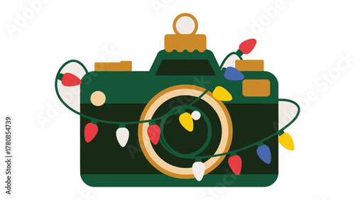 Holiday Camera Decoration: A festive camera ornament, adorned with colorful fairy lights, embodies the joy and spirit of the holiday season, evoking a sense of warmth and celebration.