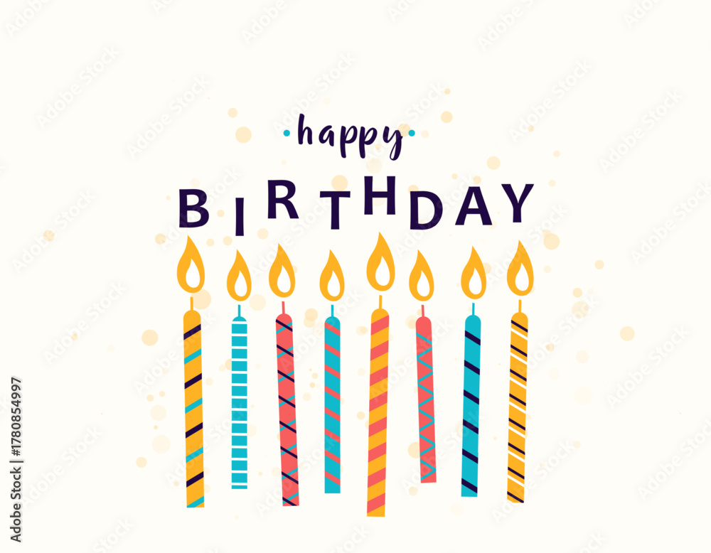Obraz premium Happy birthday vector illustration background. Birth greeting banner, celebrate poster with candles and retro dotted texture. Congratulation text decoration.