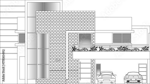 Vector drawing of a modern, two-story house elevation with brick facade, large windows, garage, and balcony. Architectural CAD line art.