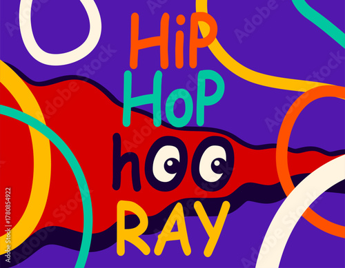 Happy birthday vector illustration. Birth greeting card, celebrate poster, banner with birthday quote text hooray, confetti and serpentine in colorful minimalist lines