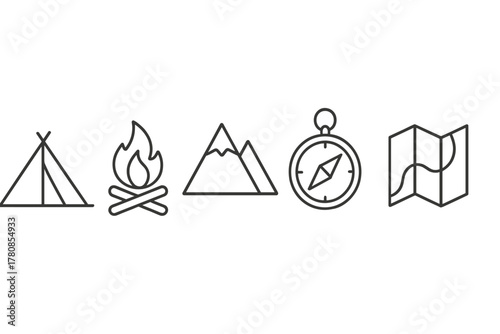 Camping essentials for outdoor adventures with tents, campfire, mountains, compass, and map