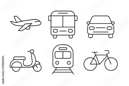 Different modes of transportation including air travel, public transit, and personal vehicles in a simple line art style