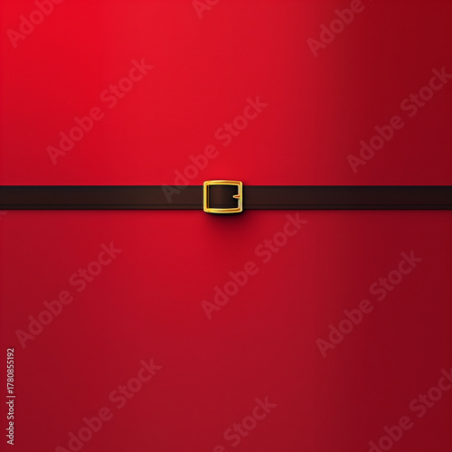 Creative Christmas composition featuring an overhead flat lay of Santa Claus with a black belt and golden buckle, set against a bright red background.