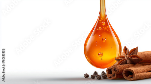 Golden droplet of essential oil with cinnamon sticks and spices beside.