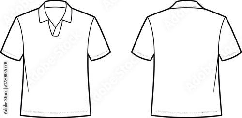 Polo shirt technical sketch, front and back views, short sleeve design, cad drawing flat vector illustration, fashion template