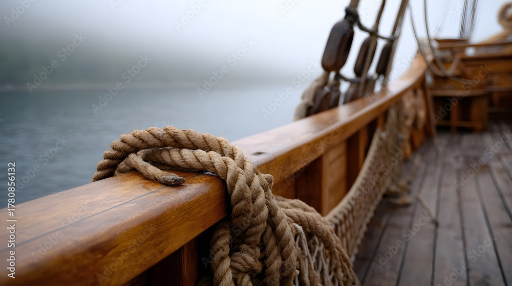 Fototapeta premium A vintage wooden sailing ship deck with coiled ropes and rigging veiled in mist over calm waters