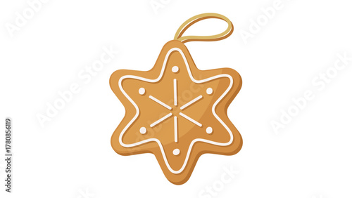 Gingerbread Snowflake Delight: A whimsical gingerbread cookie shaped like a snowflake, embellished with delicate icing details and a looped string, evoking festive cheer and seasonal joy.