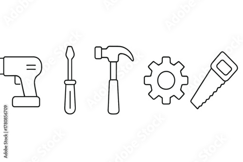 Collection of essential hand tools including a drill, screwdriver, hammer, gear, and saw for DIY projects and repairs