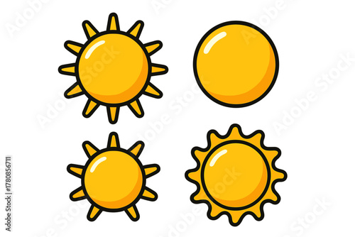 Sunny symbols in bright yellow showing various sun shapes and designs for cheerful summer vibes