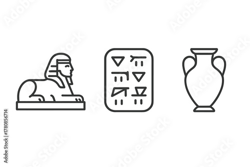 Ancient artifacts showcasing the Sphinx, hieroglyphs, and a vase from Egyptian history