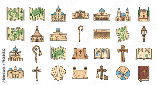 Explore christian heritage sites churches maps and religious icons vector illustration collection set design