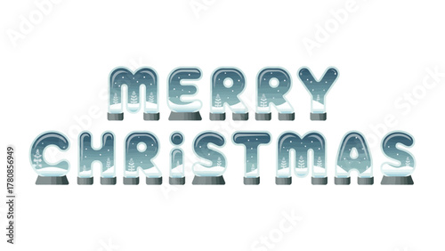 Merry Christmas Typography: A festive illustration of the words Merry Christmas adorned with a snow globe effect, perfect for holiday greetings and festive designs.