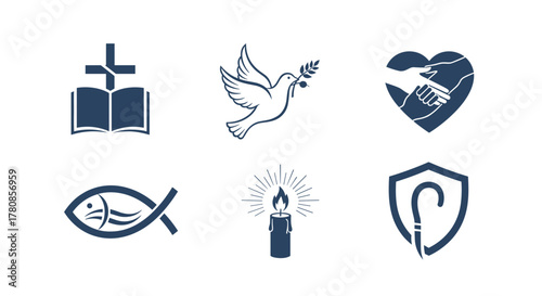 Religious symbols vector set christianity icons including cross bible dove fish candle and shepherd staff faith