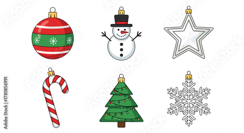 Holiday decorations ornament set with tree, snowman, snowflake, star, candy cane, and ball