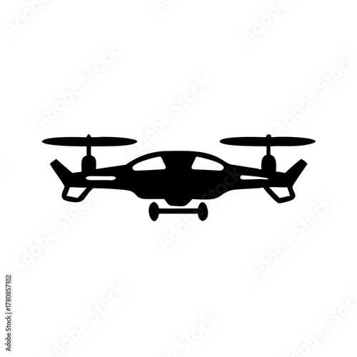 Illustration of a black silhouette drone with two propellers and landing gear in front view