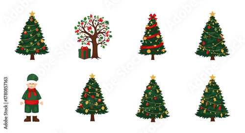 Festive christmas holiday trees and elf in cartoon style for holiday season decorations and design ideas